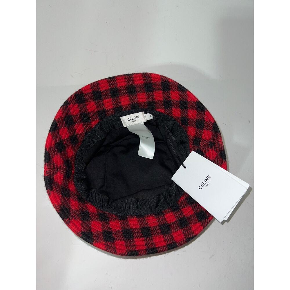 Celine Paris Black Red Checkered Check Wool White Logo Sun Fall Bucket Hat M - Picture 9 of 10